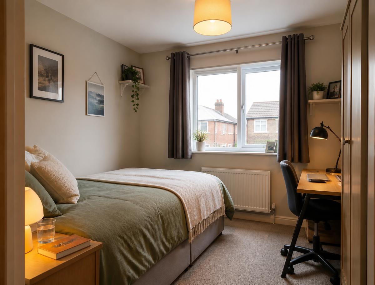 A neat, comfortable single bedroom with natural light and personal belongings