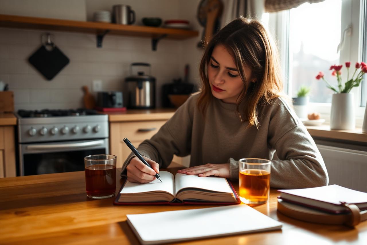A young adult writing in a mood diary at a kitchen table