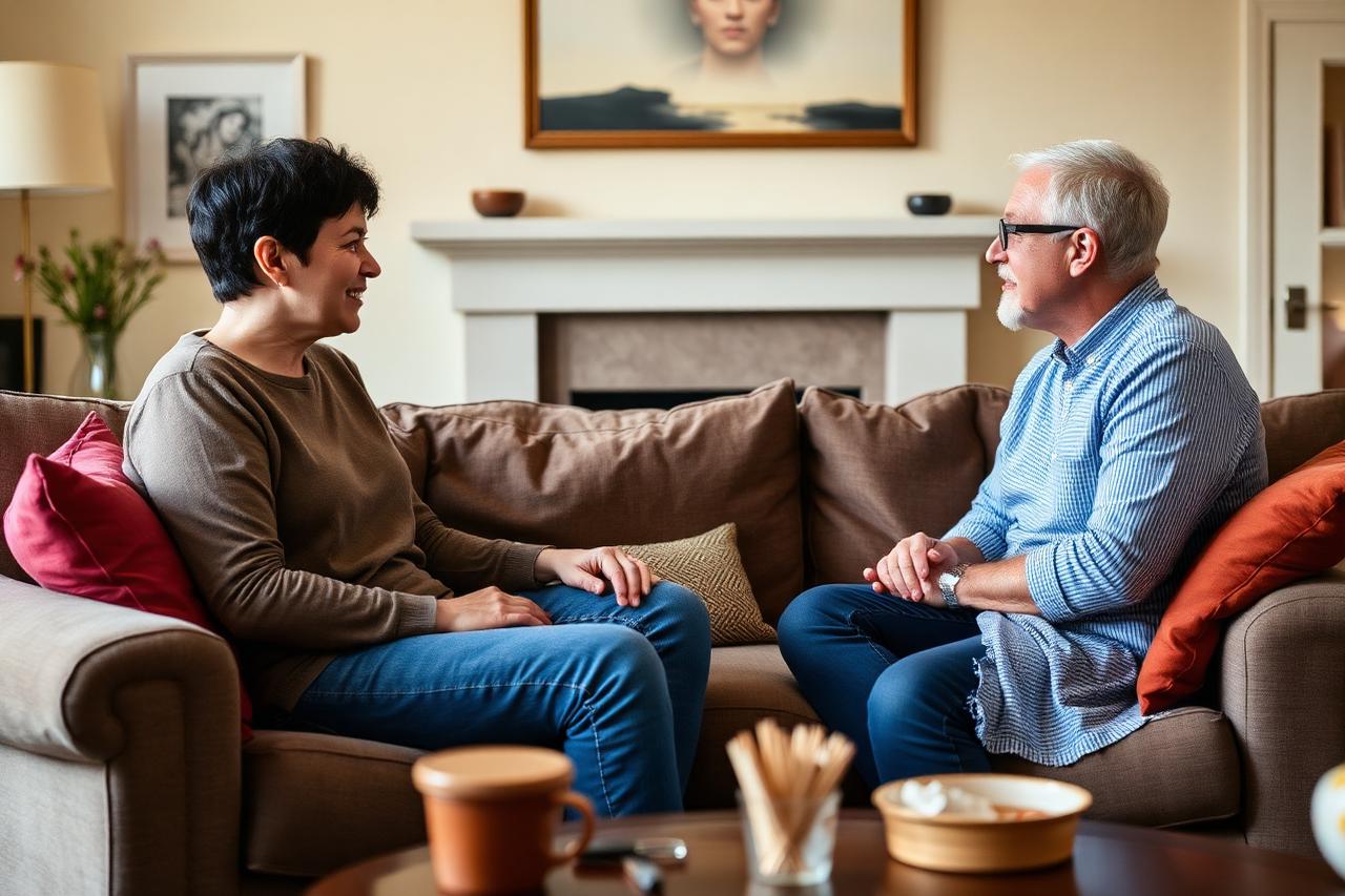 Two people talking on a sofa in a warm British living room