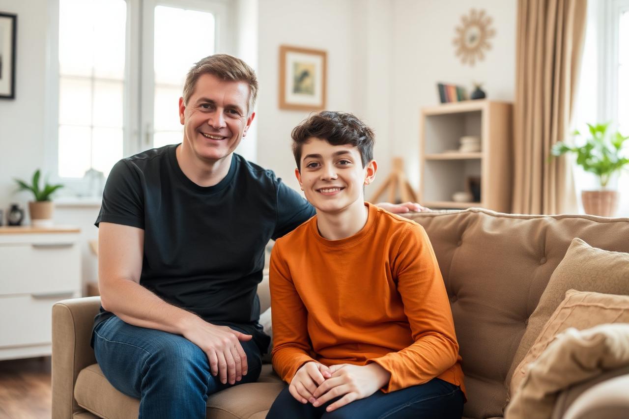A young adult and a support worker sitting together in a bright living room