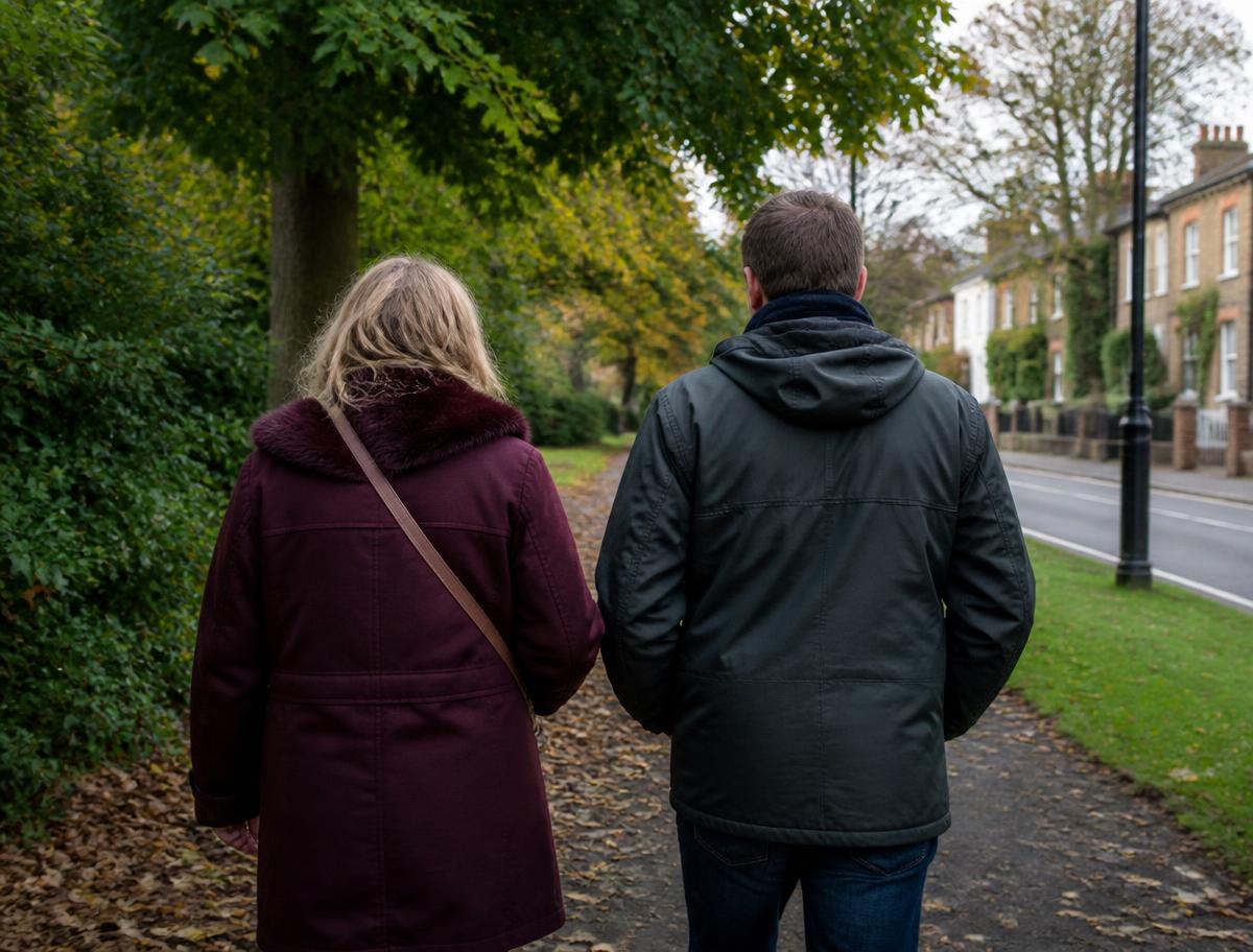 Two people walking together along a quiet residential street