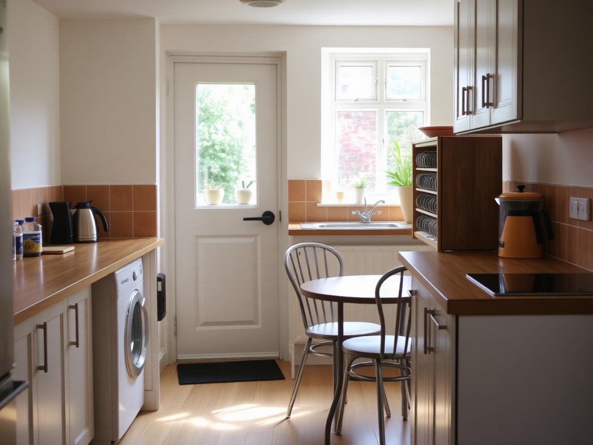 A bright shared kitchen with a small dining table in a Dudley supported living home