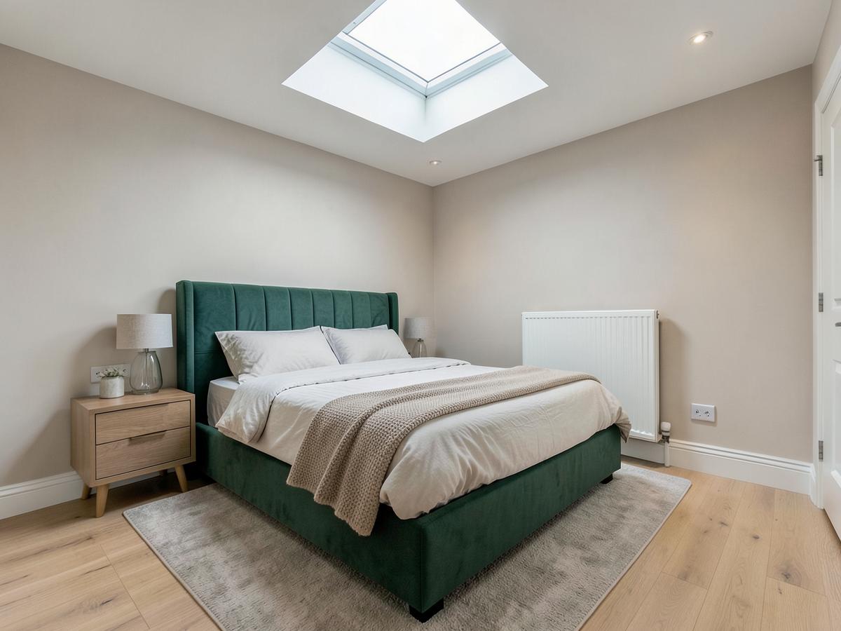 A bright modern bedroom with a skylight in one of our Harrow supported living houses
