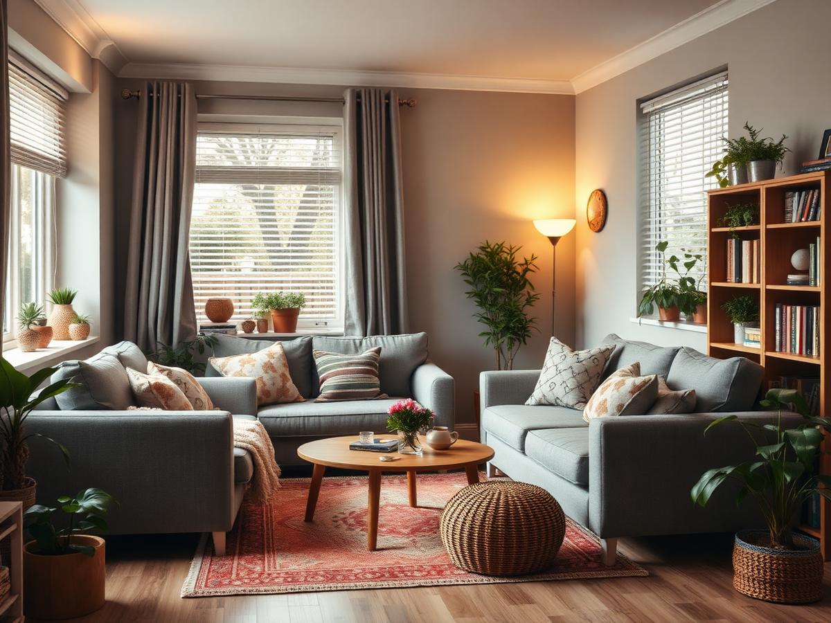 A comfortable shared living room with sofas, plants and lamplight in a Hillingdon supported living home