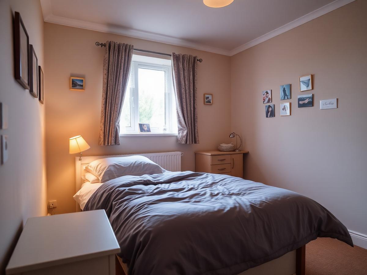 A warm, tidy private bedroom with a bedside lamp and personal photos in a Thurrock supported living home