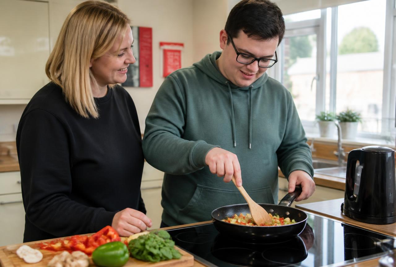 A support worker helping a young adult cook a meal in a homely kitchen